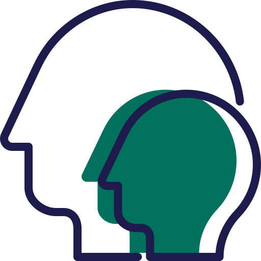 Graphic outline of a large head, small head and a small green colored head.